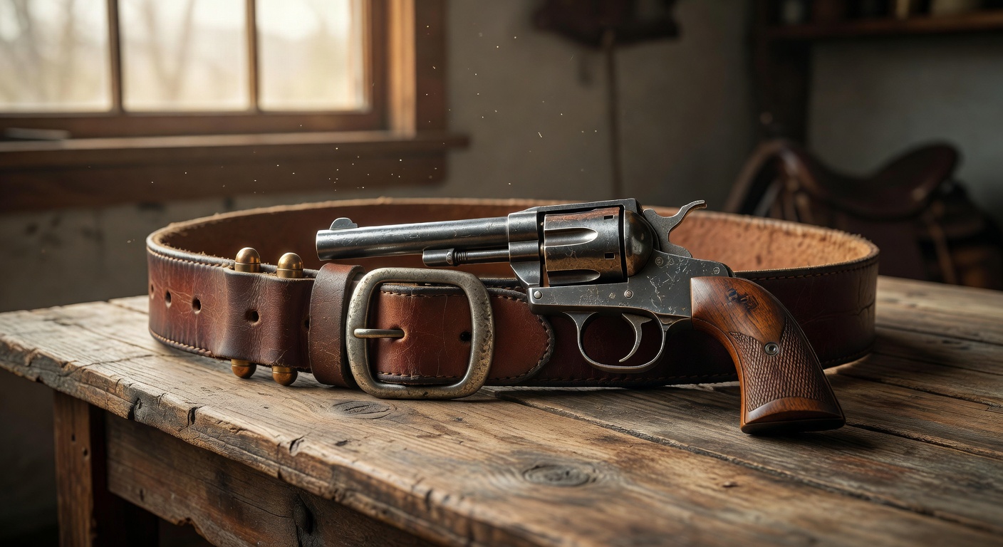 Vintage Cowboy Revolver and Leather resting on a wooden table